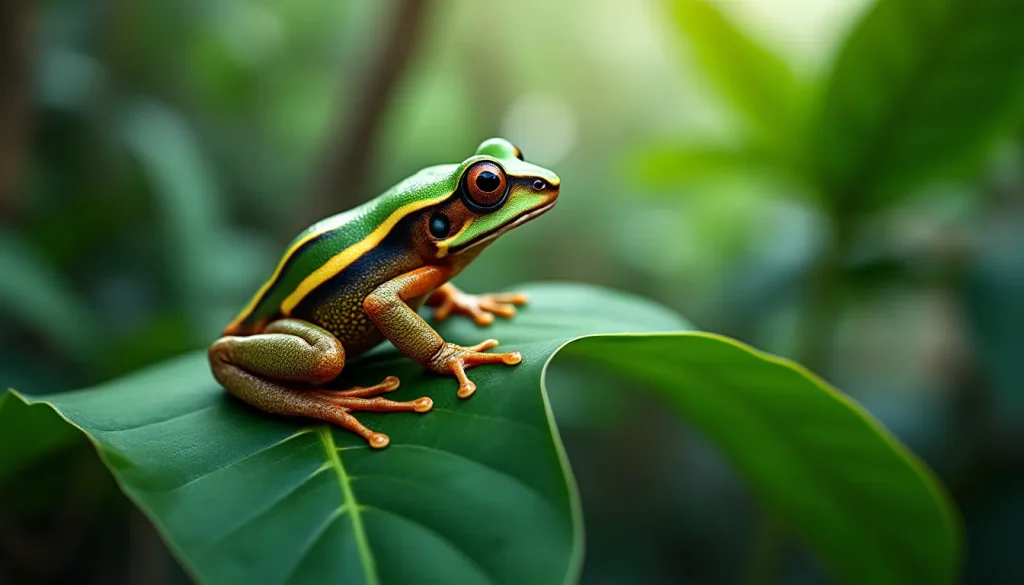 Create an image of a unique Sri Lankan tree frog perched on a vibrant green leaf in its natural habitat. The frog should have intricate patterns and striki