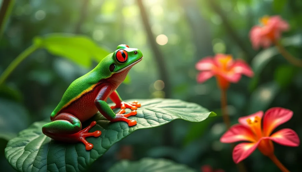 Create an image of a vibrant and colorful strawberry tree frog perched on a lush green leaf in a tropical rainforest setting. Surround the frog with variou