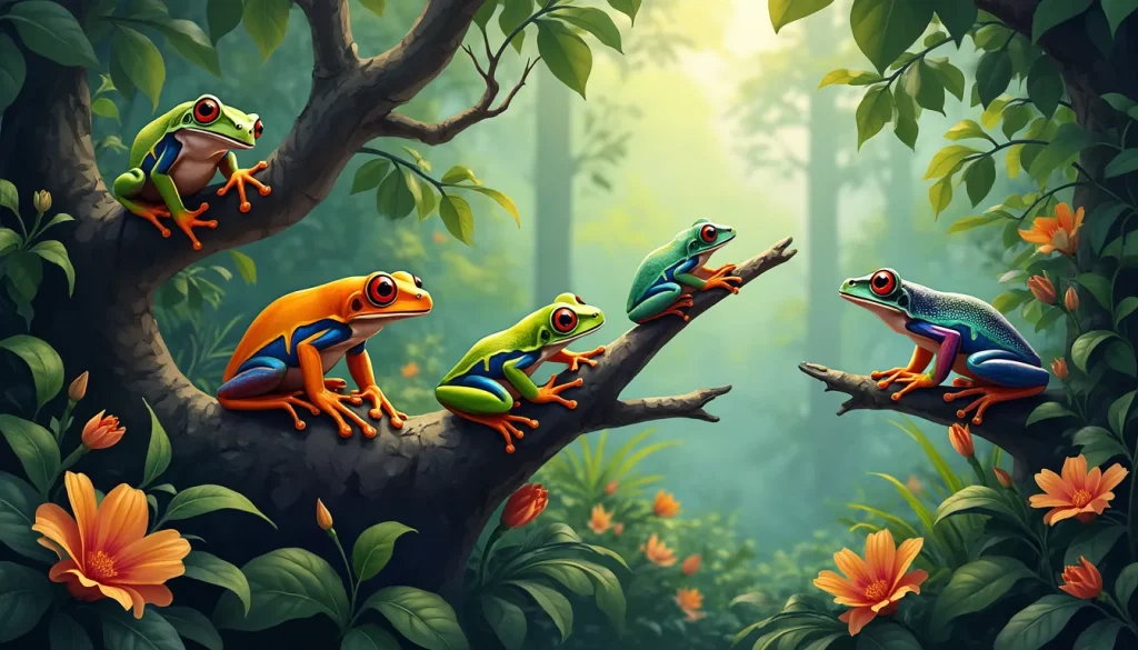 An intricate rainforest scene showcasing the evolution of tree frogs, featuring various species in vibrant colors and unique adaptations, perched among lus